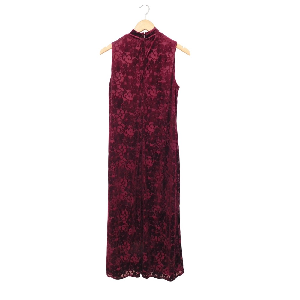 Carole Little Petite Burgundy Burnout Velvet Floral Mock Neck Maxi Dress Size 8